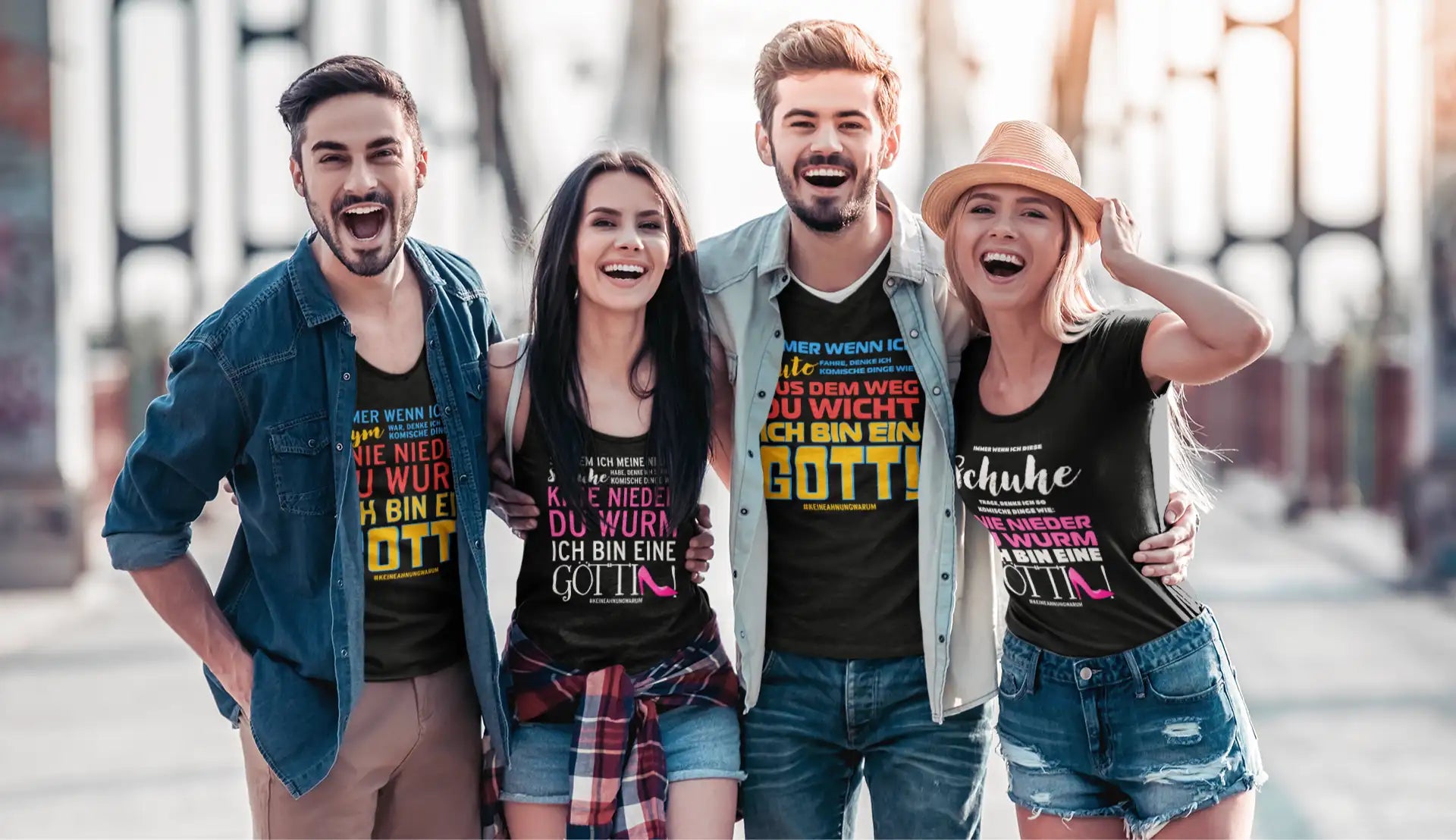 Schwarze Tanktops mit farbigem deutschem Text, der darauf gedruckt ist