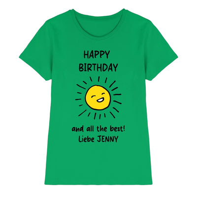 Ein grünes kurzarmshirt mit fröhlicher gelber sonnengrafik und dem Text happy birthday und all best liebe jenny