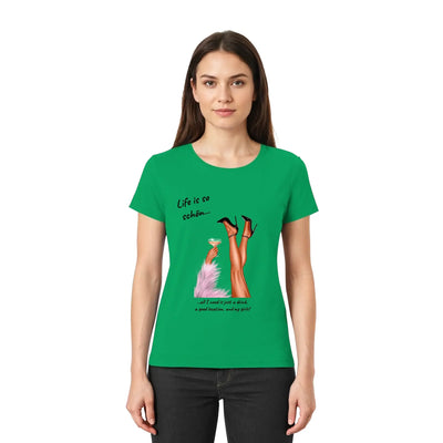 Grünes kurzarmshirt mit print party-beine high heels cocktail glas und text life is so schön aus statement-collection