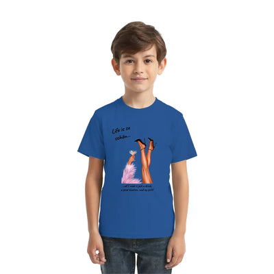 Blaue damen t shirt mit kurzen ärmeln und party-beine grafik sowie life is so sokin text aus statement-collection