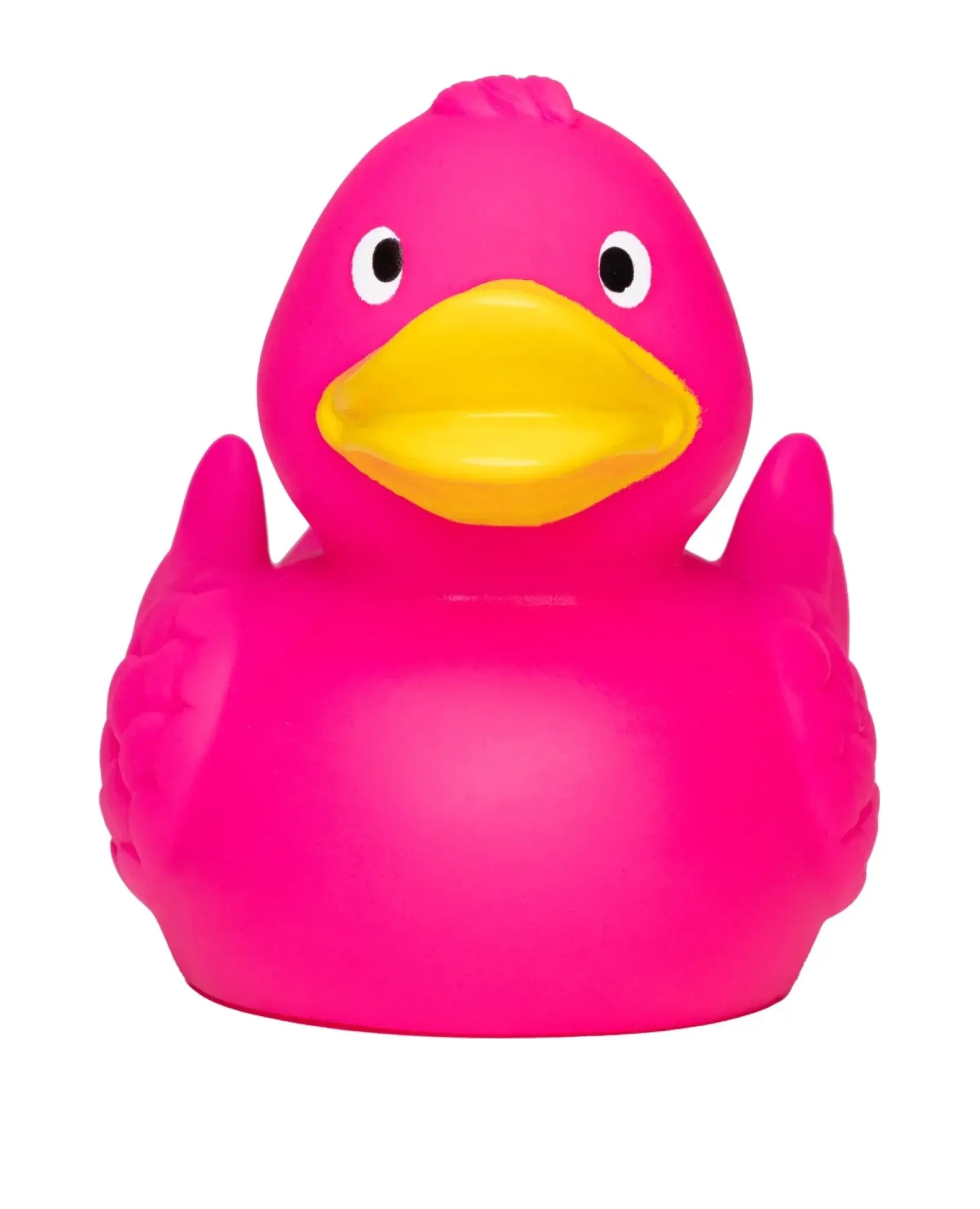 Vibrante rosa quietsche-ente wings aus gummi mit gelbem schnabel und federoptik für b2b werbemittel