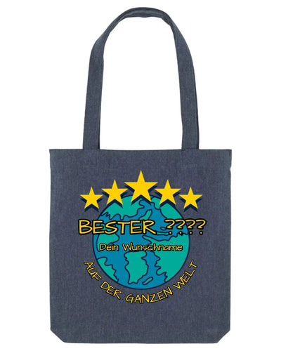 Dunkelblaue canvas-tasche mit buntem globusmotiv fünf gelbe sterne und deutscher text personalisiert aus statement-collection