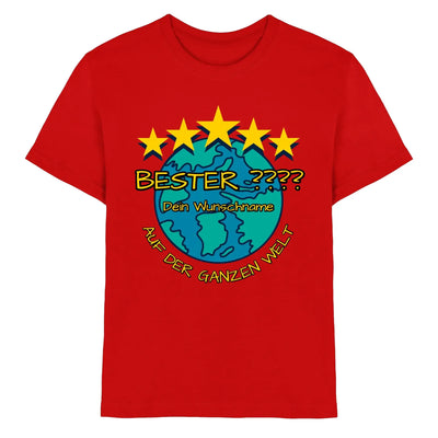 Rotes baumwollshirt mit 5 sternen motiv und cartoon globe plus personalisierbarem deutscher text bester wunschname