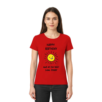 Rotes kurzarmshirt mit gelber sonne und schwarzem happy birthday text aus der geburtstag motiv 1 statement collection