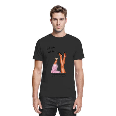 Schwarzes cotton t shirt mit grafik beinen in high heels cocktailglas pinker federbesatz und text life is so schön