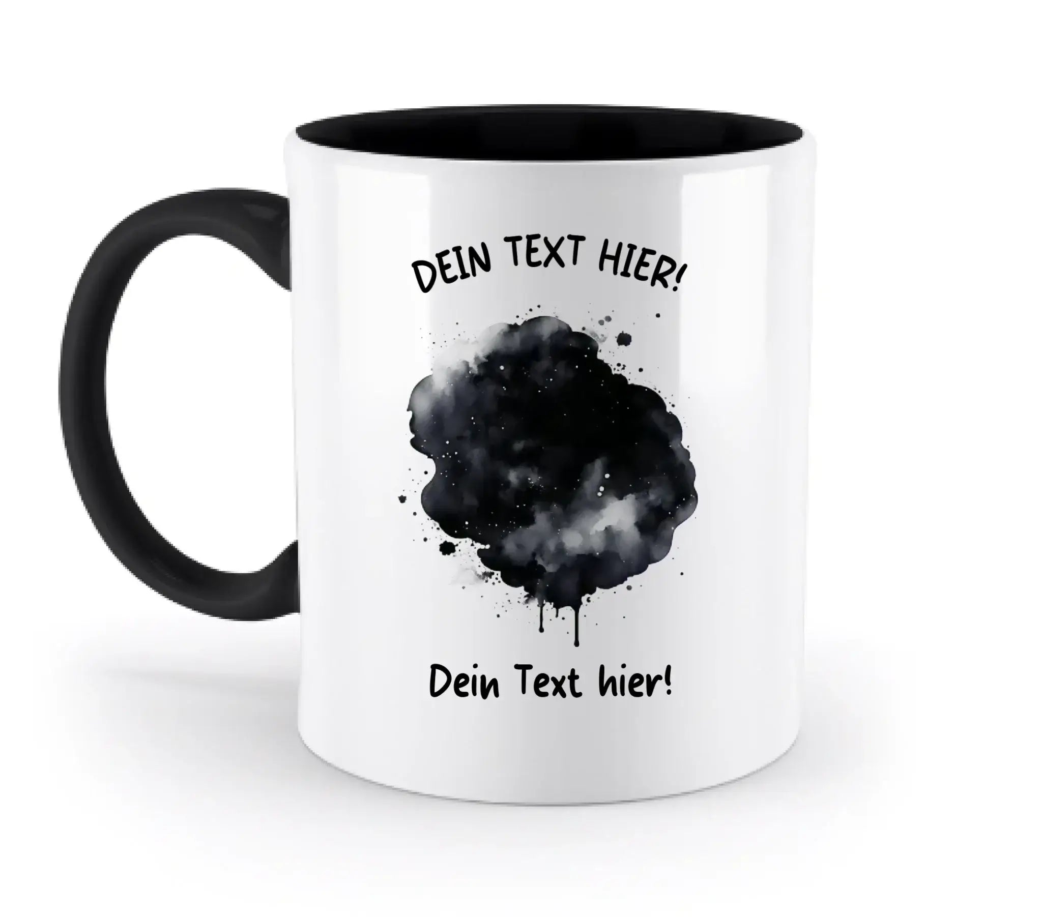 Weiße keramiktasse mit schwarzem griff und innenring und farbklecks effekt in schwarz und grau aus der statement collection