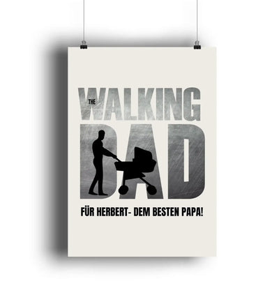 Minimalistischer schwarz-weiß poster mit silhouette eines manns der kinderwagen schiebt integriert in dad text für herbert besten papa