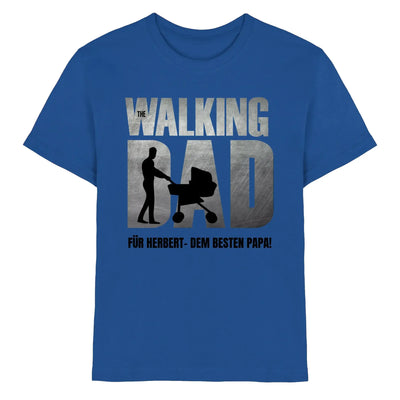 Blaues baumwollshirt mit metallischem silberprint the walking dad und persönlichem deutschen Text vatertag geschenk