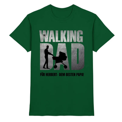 Dunkelgrünes baumwoll t-shirt das the walking dad mit silbernen buchstaben und schwarzem kinderwagen motiv zeigt