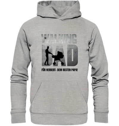 Ein heather grauer hoodie mit schwarzem grafischen vater und kinderwagen und text für herbert dem besten papa