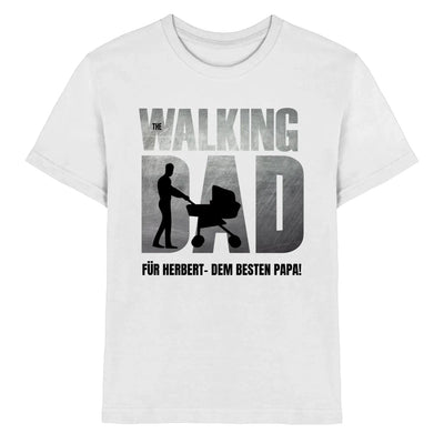 Weiße baumwoll-t-shirt mit schwarzem silhouette-motiv mann schiebt kinderwagen in walking dad text für herbert dem besten papa