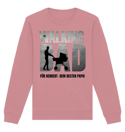 rosafarbenem Sweatshirt mit langarm und metallic grauem statement the walking dad plus kinderwagen silhouette für vatertag