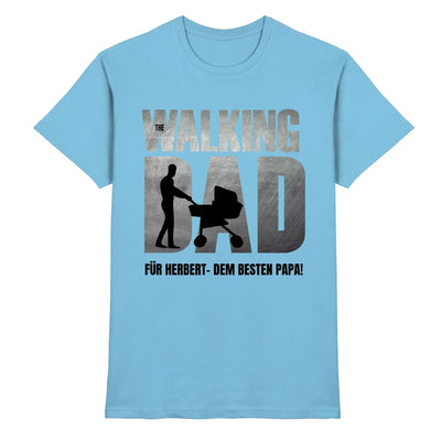 Lightblaue baumwoll t shirt mit dem walking dad grafik in metallisch grau und schatten von man mit kinderwagen für herbert