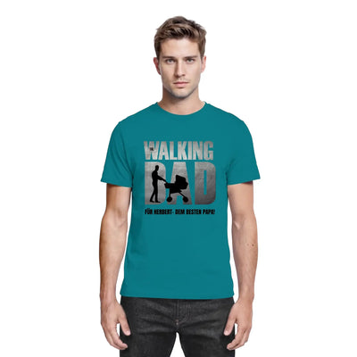 Petrolfarben baumwoll t shirt mit walking dad grafik und Silhouette eines mannes mit kinderwagen von father galaxy vatertag edition