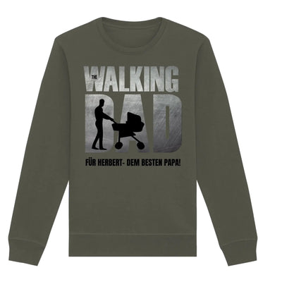 Olivegrüner langärmliger sweatshirt mit grafik von mann der kinderwagen schiebt und text für herbert dem besten papa