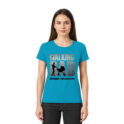 Leuchtendes türkises kurzarmshirt mit Grafik The walking dad und Silhouette mit kinderwagen von father galaxy vatertagshirt