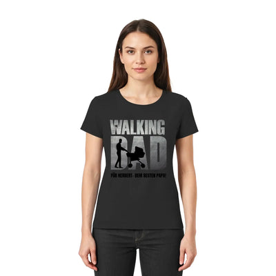 Schwarzes kurzarmshirt mit grauem und schwarzem motiv the walking dad und vater mit kinderwagen vatertag shirt