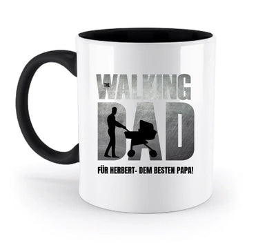 Weiß keramiktasse mit schwarzem griff und innenbereich mit the walking dad grafik für vatertag