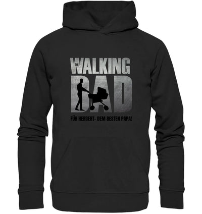 Schwarzer Hoodie mit grauem the walking dad motiv und kinderwagen illustration aus der father galaxy statement-collection