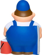 Blau-braune plastik-anti-stress-quetsch-figur fensterputzer bert mit blauer mütze und pinsel in överall