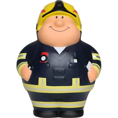 Gelbe und schwarze feuerwehrfigur feuer bert 2.0 mit helm und reflektierenden streifen als anti-stress-figur
