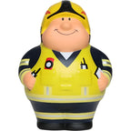 Gelbe und schwarze feuerwehrfigur feuer bert 2.0 mit helm und reflektierenden streifen als anti-stress-figur
