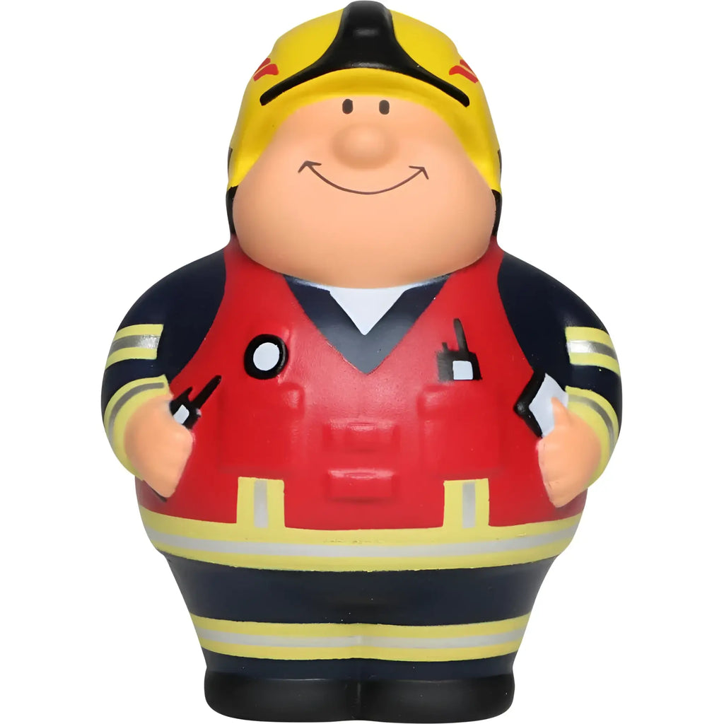 A fröhliche cartoon feuerwehrmann anti-stress-figur feuer bert 2.0 mit gelbem helm roter weste navy uniform