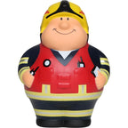 A fröhliche cartoon feuerwehrmann anti-stress-figur feuer bert 2.0 mit gelbem helm roter weste navy uniform