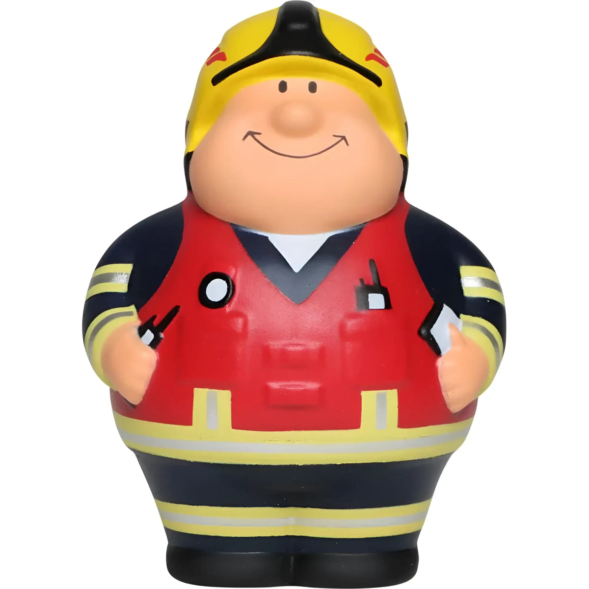 A fröhliche cartoon feuerwehrmann anti-stress-figur feuer bert 2.0 mit gelbem helm roter weste navy uniform