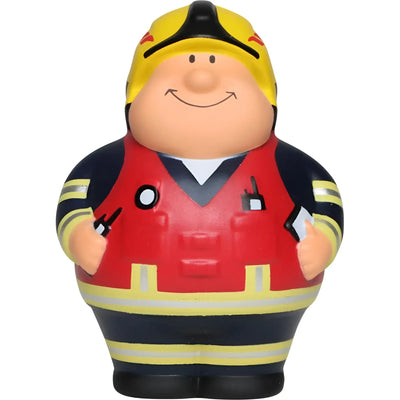 A fröhliche cartoon feuerwehrmann anti-stress-figur feuer bert 2.0 mit gelbem helm roter weste navy uniform