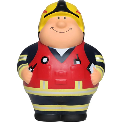 A fröhliche cartoon feuerwehrmann anti-stress-figur feuer bert 2.0 mit gelbem helm roter weste navy uniform