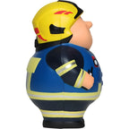 Gelb-blauer feuer bert 2.0 feuerwehrmann stressball mit schwarzen akzenten und reflektierenden streifen zum knautschen