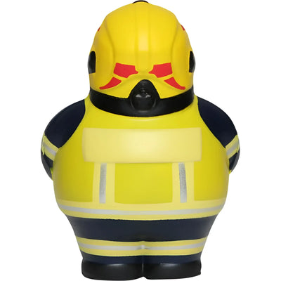 Gelbe und marineblaue feuerwehrmann-feuerwehr-ente mit roten helm-markierungen als anti-stress-figur