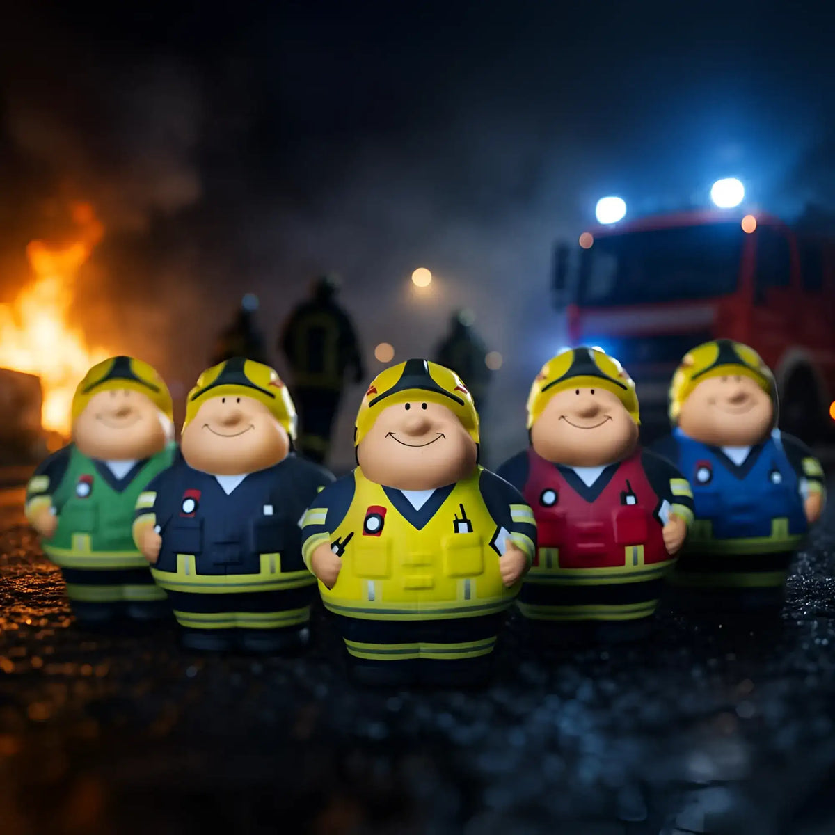 Fünf feuer bert 2.0 feuerwehrmann anti-stress-figuren in 5 bunten uniformen mit gelben helmen stehen zusammen