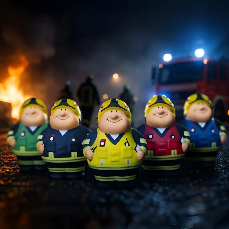 Fünf feuer bert 2.0 feuerwehrmann anti-stress-figuren in 5 bunten uniformen mit gelben helmen stehen zusammen