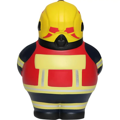 Gelb-roter feuerwehrmann-fe stressball mit schwarzen akzenten von feuer bert 2.0 als knautscher gegen stress