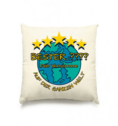 Cremefarbene cushions mit cartoon erdkugel und fünf gelben sternen plus text bester dein wunschname auf der ganzen welt