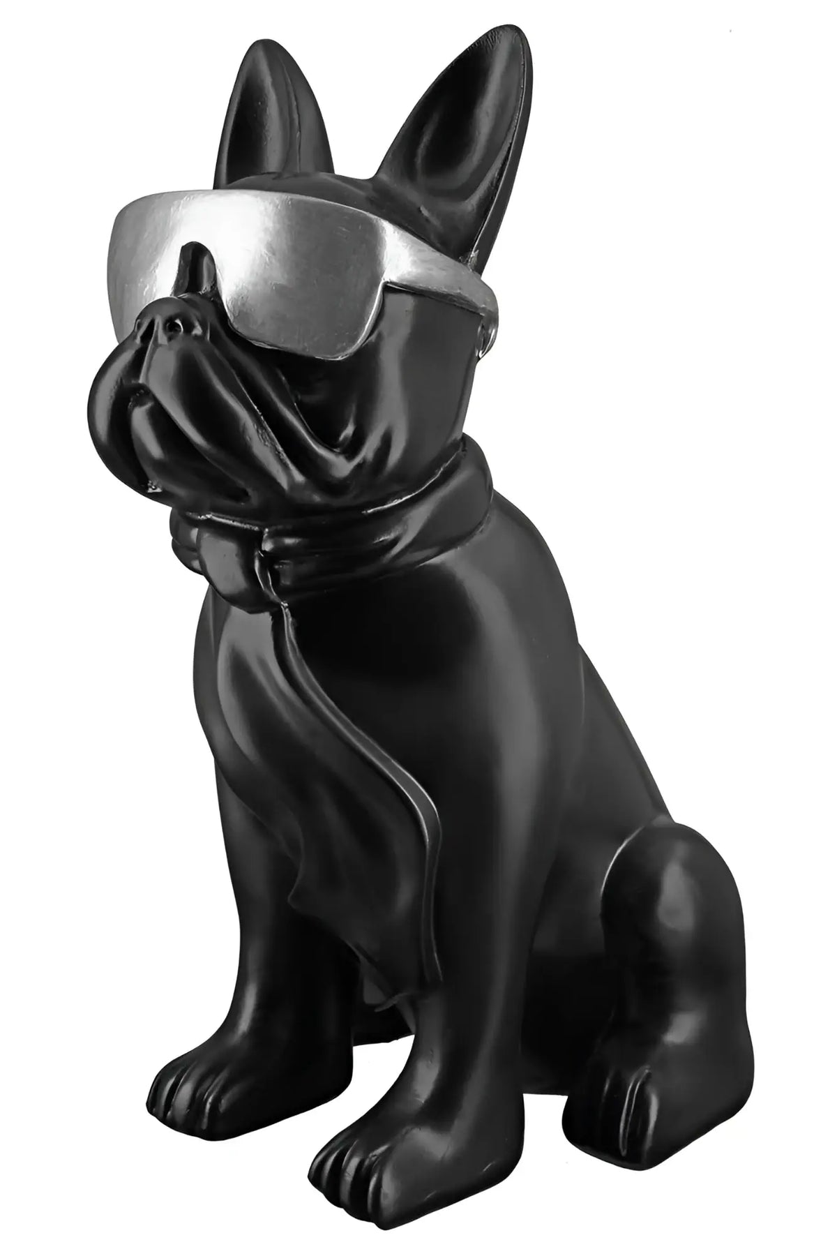 Figur bulldogge cool dog aus kunstharz in schwarz mit silbernen sonnenbrillen und schwarzem schal