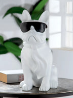 Weiß schwarzer kunstharz bulldoggenfigur cool dog mit schwarzer sonnenbrille und wehendem schal von gilde
