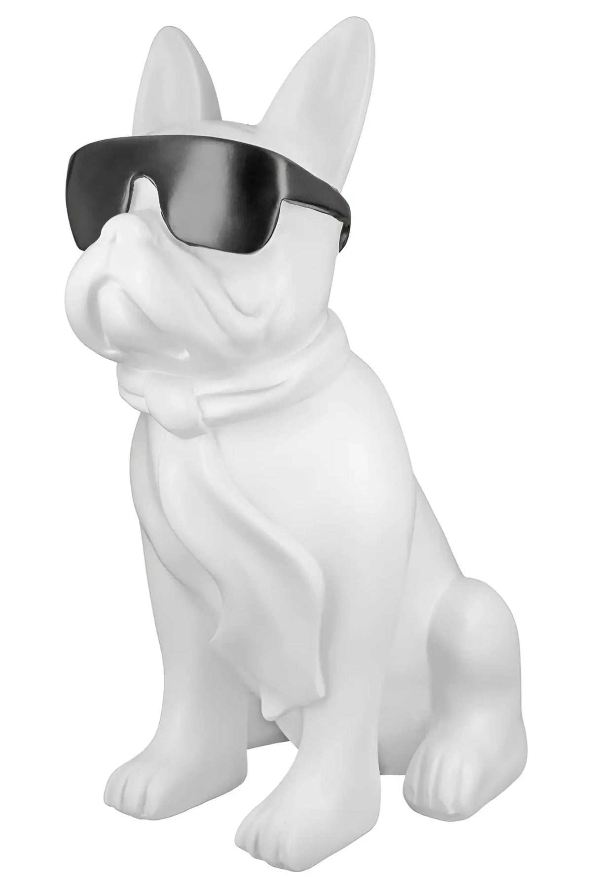 Weiße kunstharz bulldoggen figur cool dog von gilde mit schwarzen sonnenbrillen und schal 35x18x24,5 cm