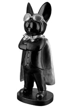 Figur bulldogge hero dog schwarzer kunstharz hund mit silberner fliegerbrille schleife und schwarzem cape