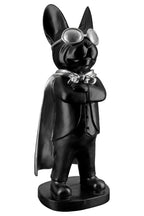 Figur bulldogge hero dog kunstharz schwarz silber coole pose mit silberner fliegerbrille und passendem umhang