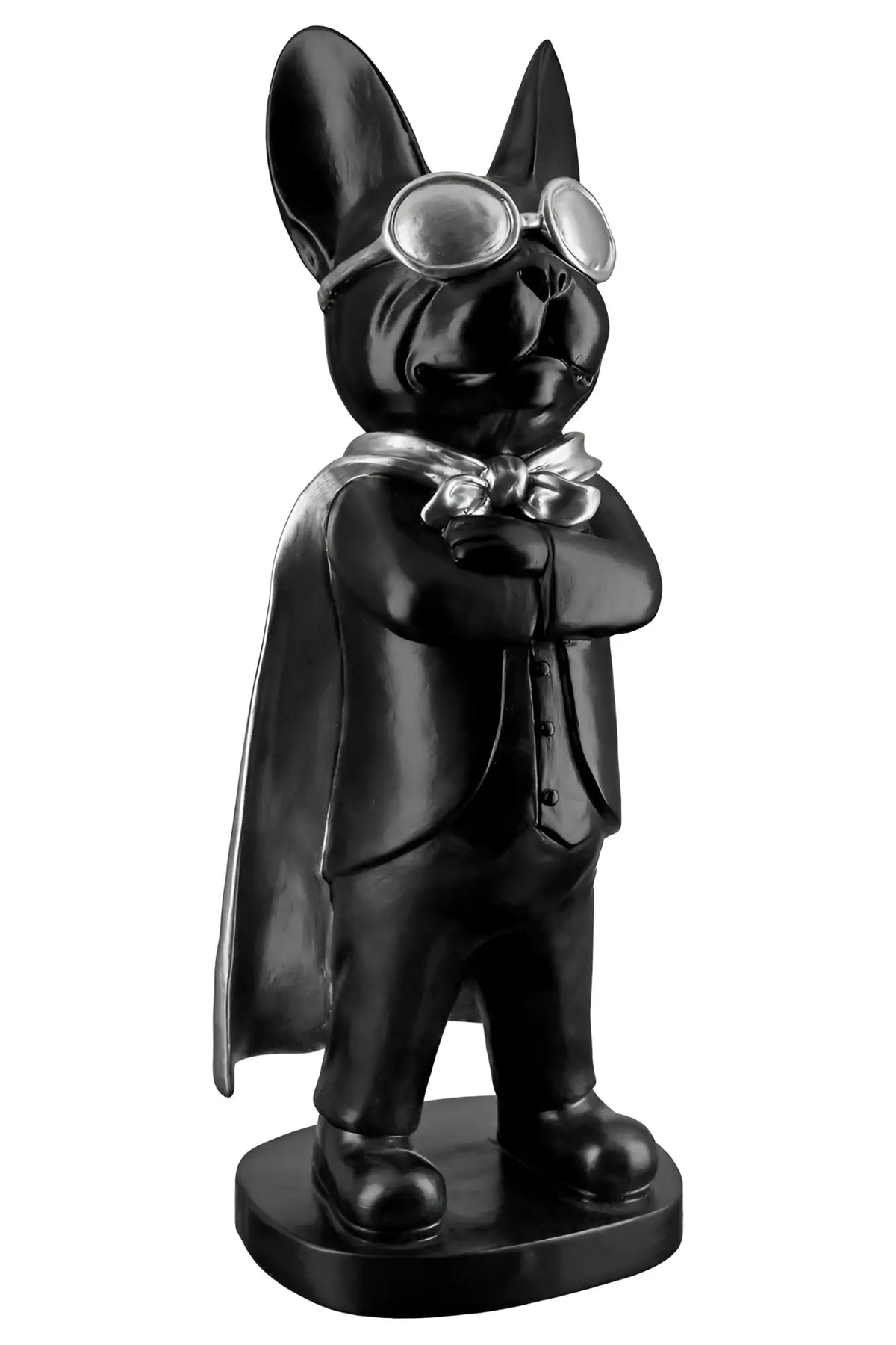 Figur bulldogge hero dog kunstharz schwarz silber coole pose mit silberner fliegerbrille und passendem umhang