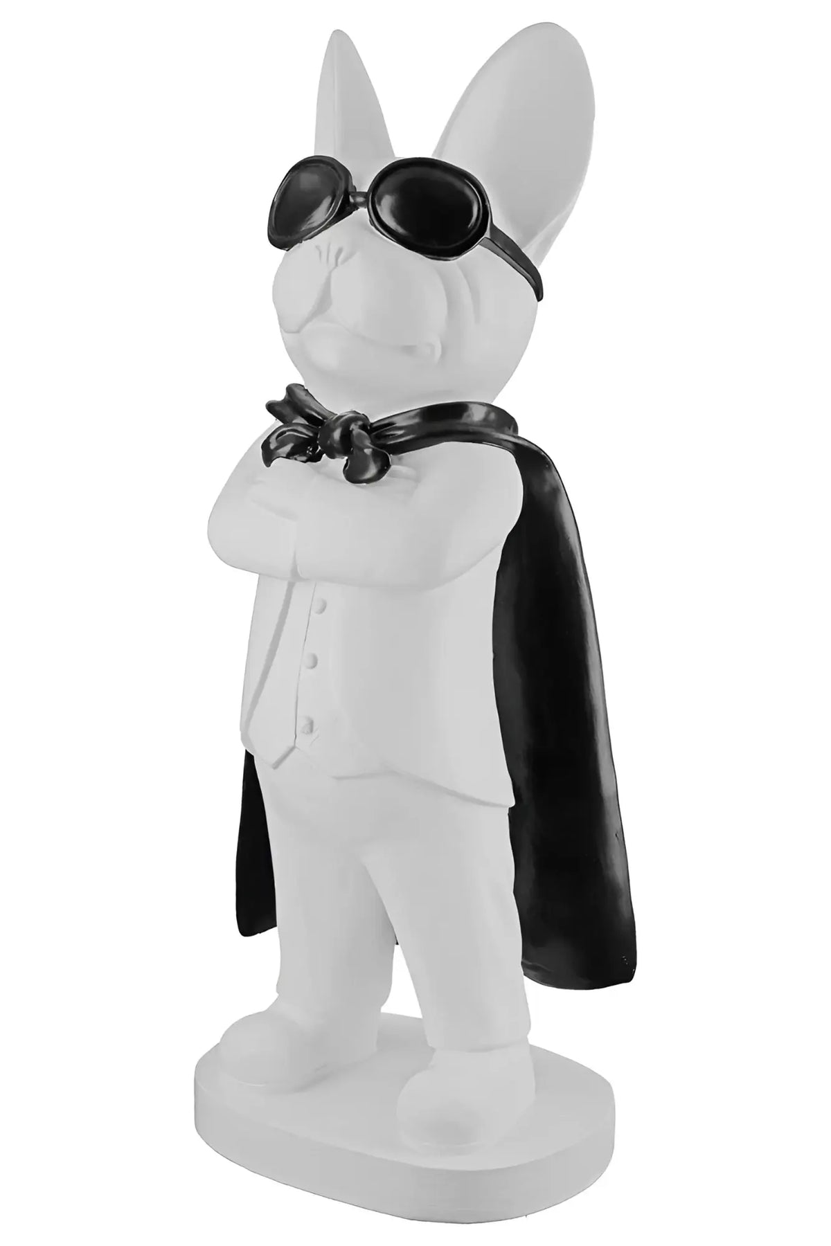 Figur bulldogge hero dog weiße kunstharzfigur mit schwarzer sonnenbrille schleife und cape von gilde