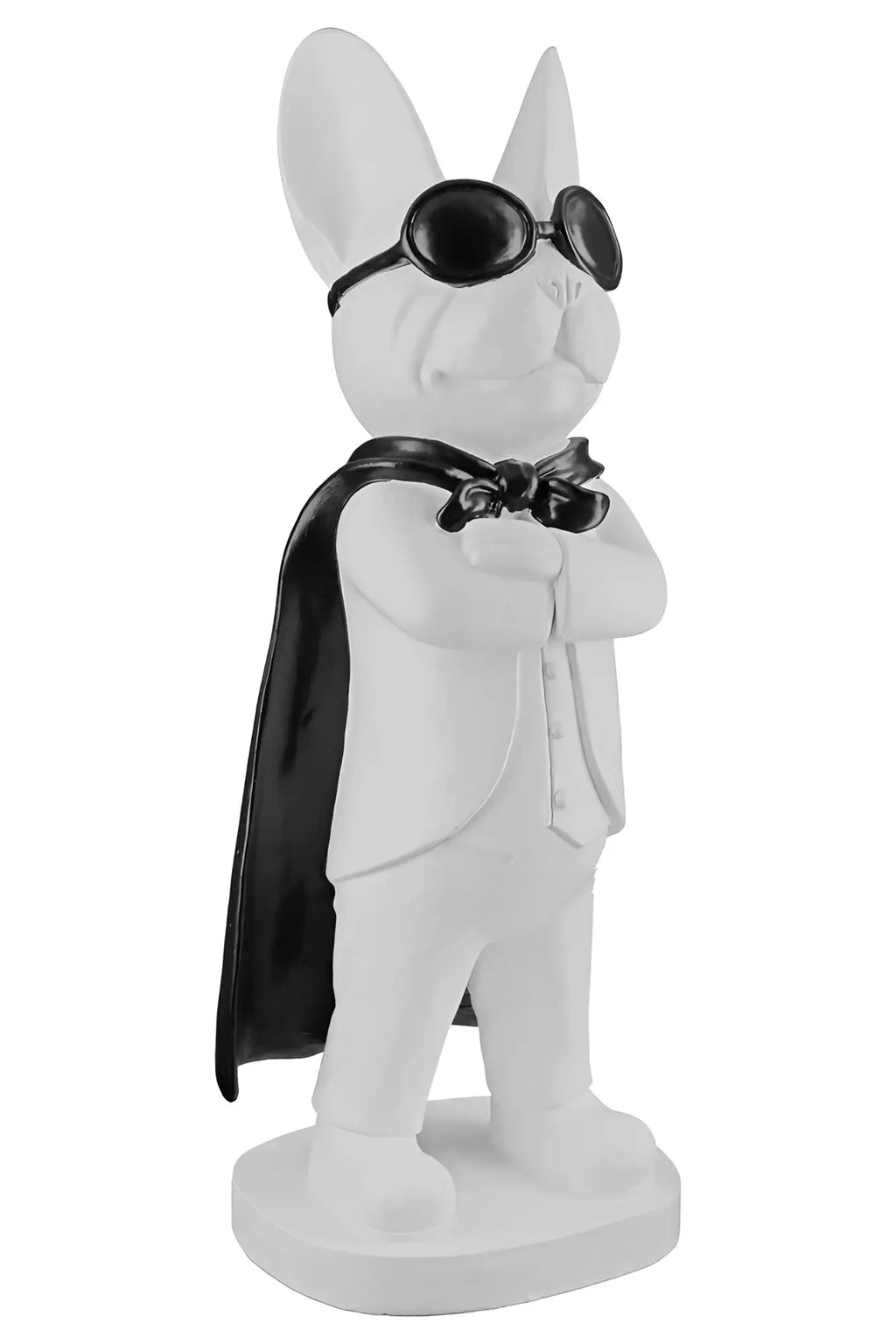 Weiße kunstharz figur bulldogge hero dog mit schwarzen sonnenbrillen und cape von gilde 32,5x12,5x10 cm