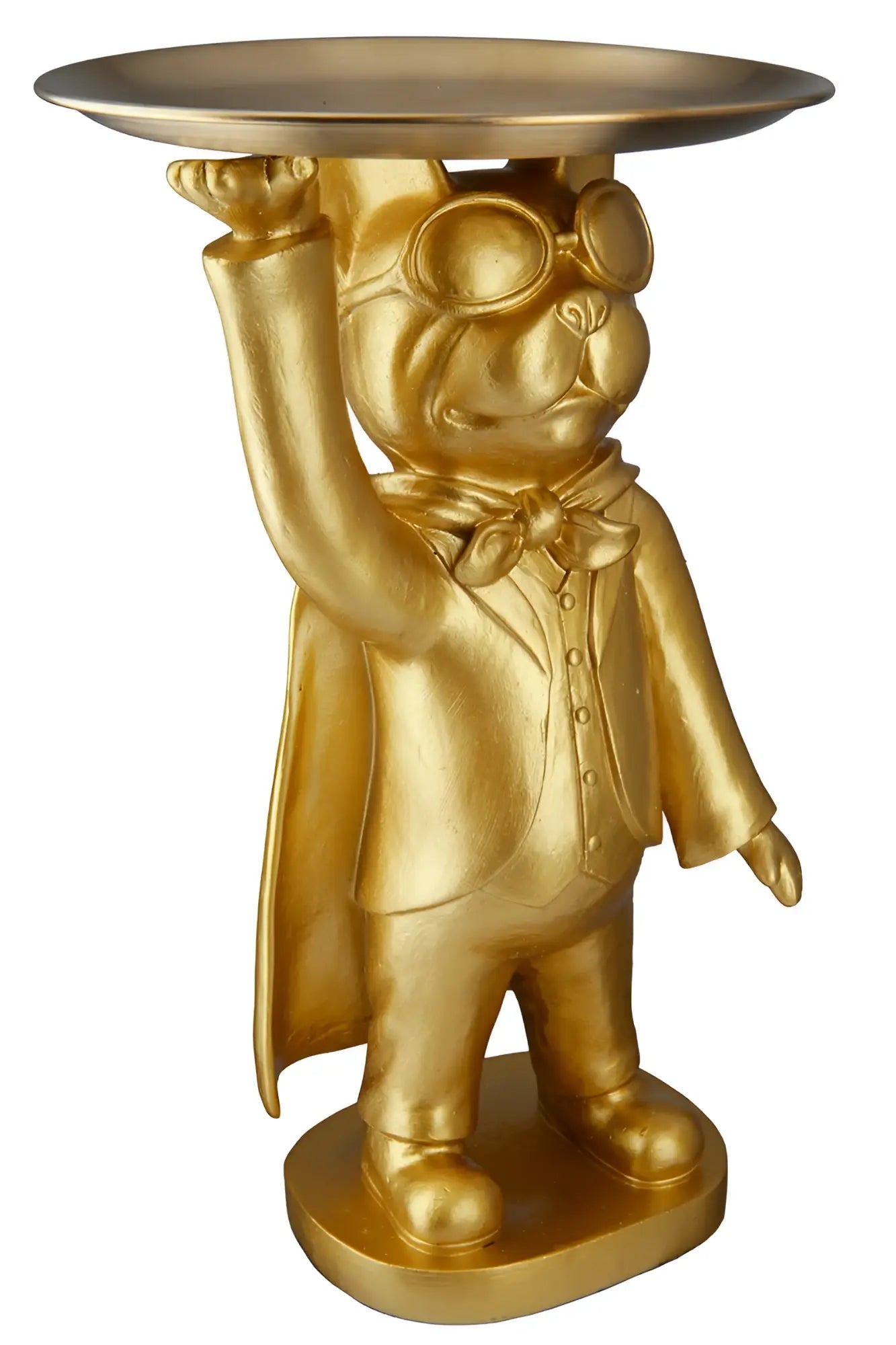 Goldener kunstharz bulldogge figur hero dog mit tablett in fliegerbrille und fliege von gilde 31x13x10 cm