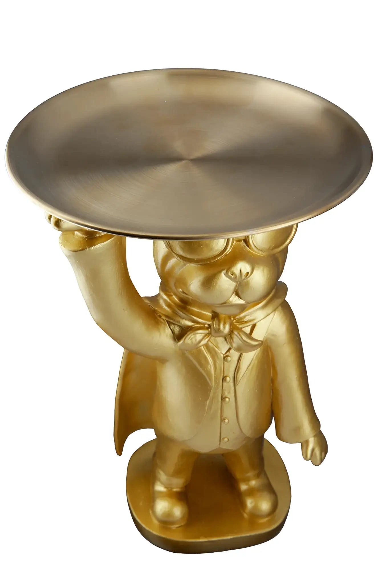 Figur bulldogge hero dog mit tablett aus gold kunstharz in formellem anzug mit schleife und cape