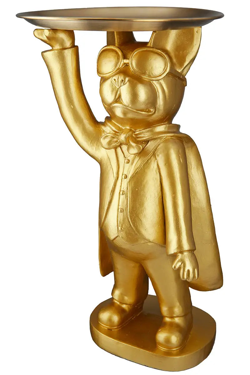 Figur: Bulldogge „Hero Dog“ mit Tablett • Kunstharz • Gold • 31×13×10 cm • Gilde - Figur