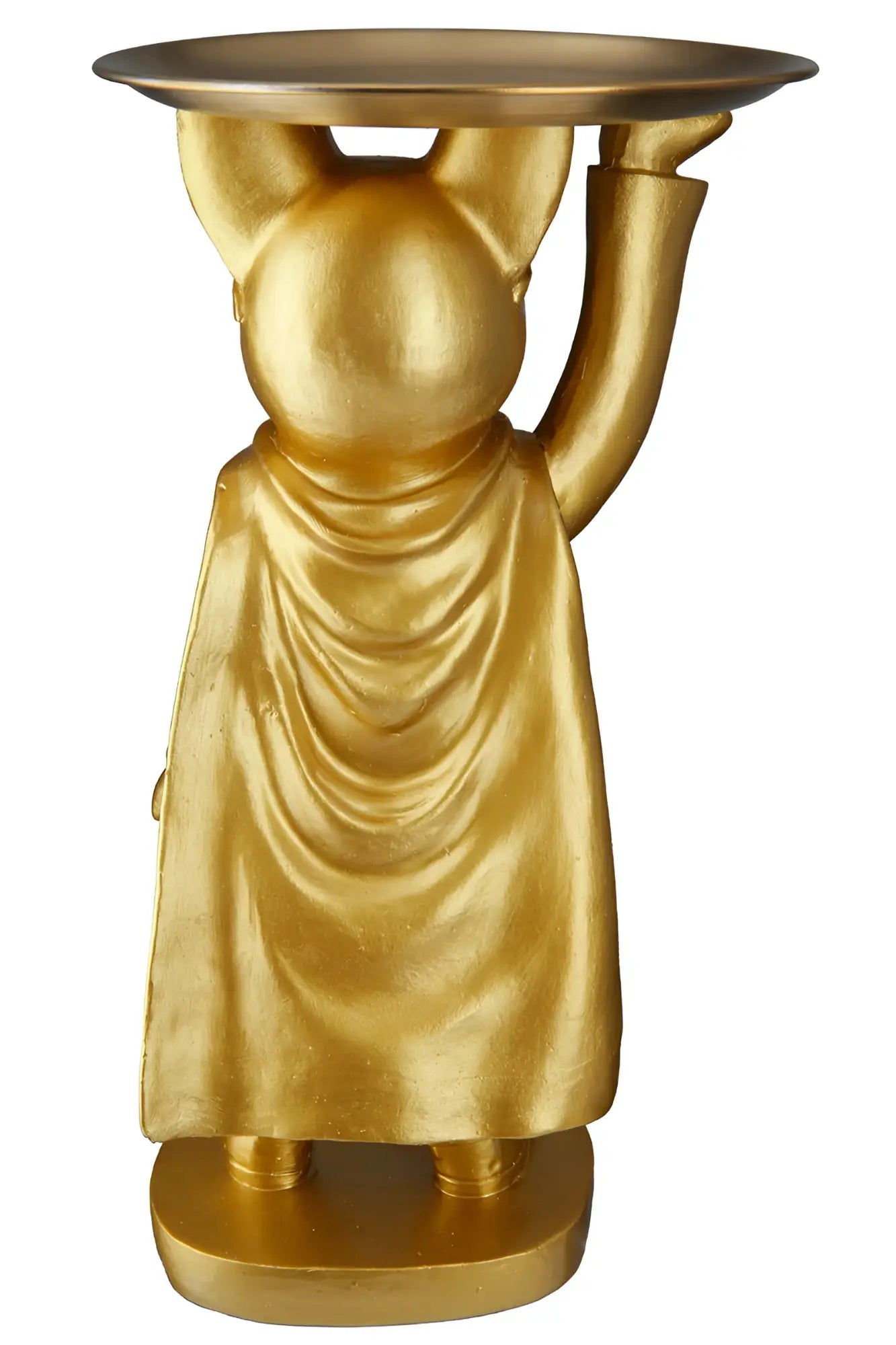 Goldene kunstharzfigur einer rabbit artigen figur in fließenden röcken mit ornamentiertem tablett von gilde