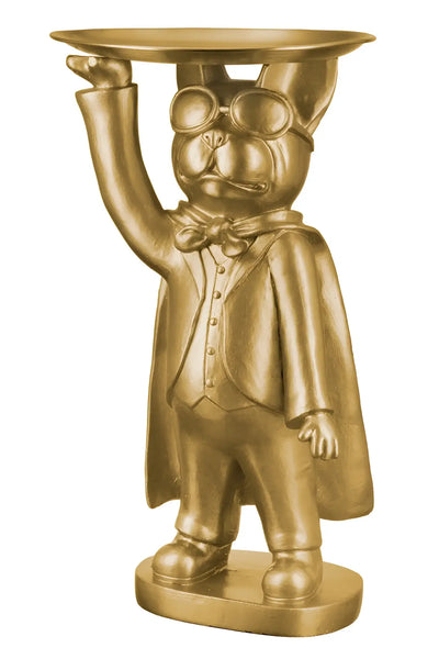 Goldene kunstharzfigur bulldogge hero dog als butler mit goggles und cape hält reich verziertes tablett